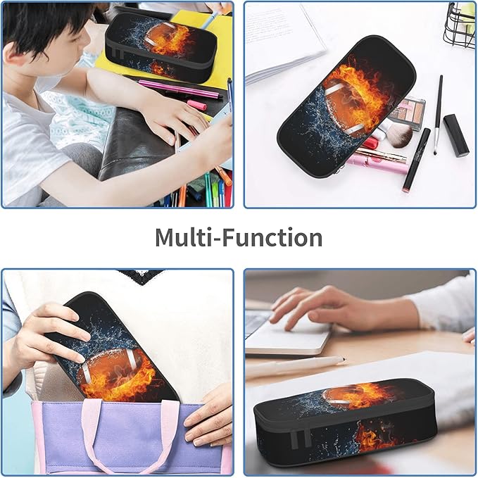 Kids Pencil Pouch for Boys, Football Pencil Case with Fire Water Pattern Print, Big Capacity Black Pencil Box Stationery Bag with Zipper Portable Travel Storage Box Desk Pen Bag for Teens Adults