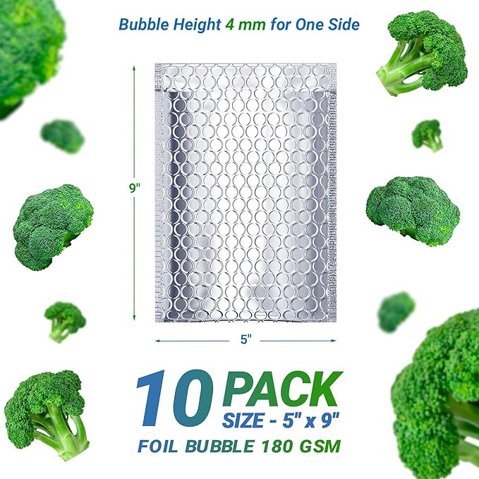 Amiff Silver Thermal Bubble Mailer, 5 x 9 Inches. 10 Pack Metallic Bubble Mailers. Self-Seal Insulated Mailers for Cold Shipping. Padded Envelopes Waterproof. Thermal Bag for Food, Cosmetics