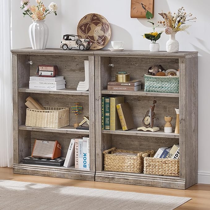RWYHG 43" Grey Tall Bookshelf,3-Tier Thick Wooden Book Shelf with Adjustable Shelves,Free Standing Farmhouse Bookcase with Open Display Storage,Floor Vintage Bookshelves for Living Room,Office
