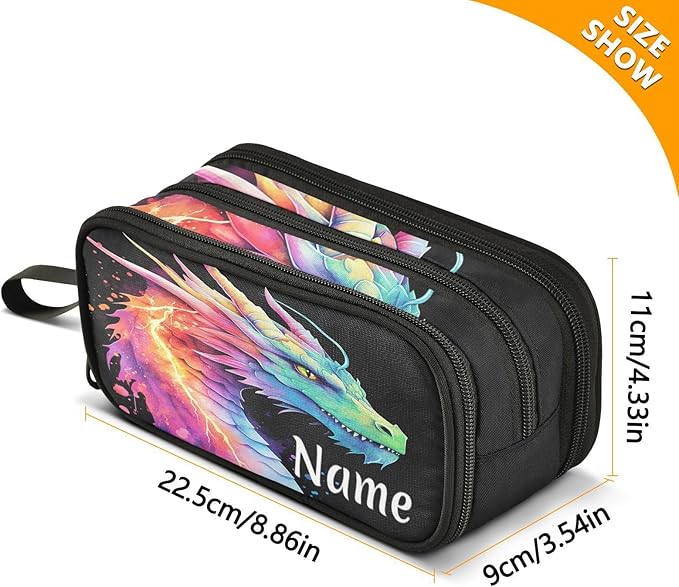 BOENLE Custom Lightning Dragon Watercolor Pencil Case Box Boys Girls Personalized Name Large Pencil Pouch Stationery Pen Bag Organizer for Kids Adults School Office