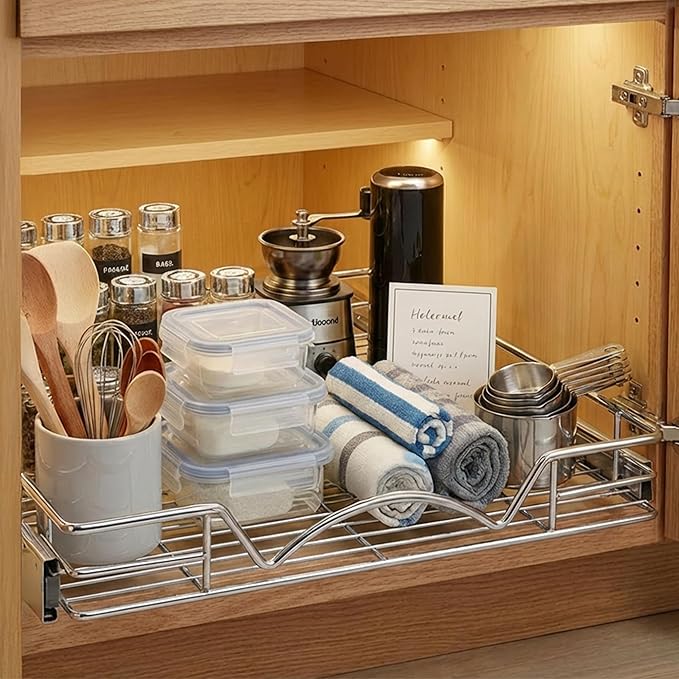 HOLD N' STORAGE Pull Out Cabinet Organizer, Heavy Duty-w/Lifetime Limited Warranty -11”W x 17”D-Requires At Least 12-1/4” Cabinet Opening, Steel Metal Cabinet Drawers Slide Out, Chrome Finish