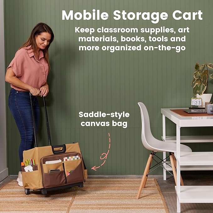 ECR4Kids Universal Rolling Cart with Canvas Organizer Bag, Mobile Storage, Chocolate/Sand