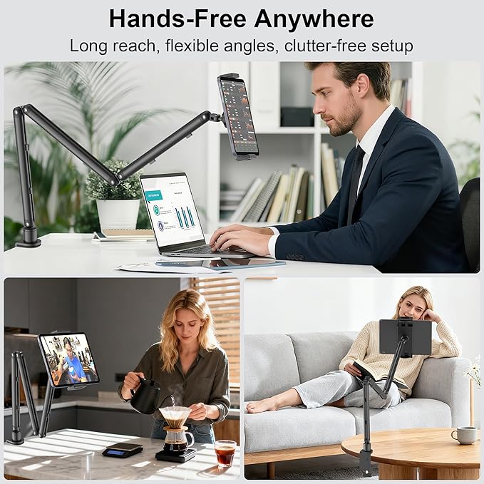 iPad Holder for Desk, Adjustable Tablet Arm iPad Desk Mount with C-Clamp, 30" Foldable Long Arm & 360° Rotation, Fits 4.7"–15.6" i Pad Pro/Air/Mini, Phones & 15.6" Portable Monitors for Desk/Bed Use