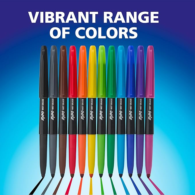 EXPO Wet Erase Markers, Semi-Permanent, Black, Fine Tip, 12 Count - For Writing on Glass, Whiteboards, Mirrors, Calendar, Labeling, Organizing