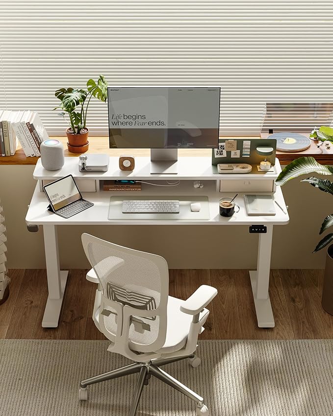 FEZIBO 60 x 24 Inch Height Adjustable Electric Standing Desk with Double Drawer, Stand up Home Office Computer Desk with 4 Height-Adjustable Feets & 2 Hooks, White