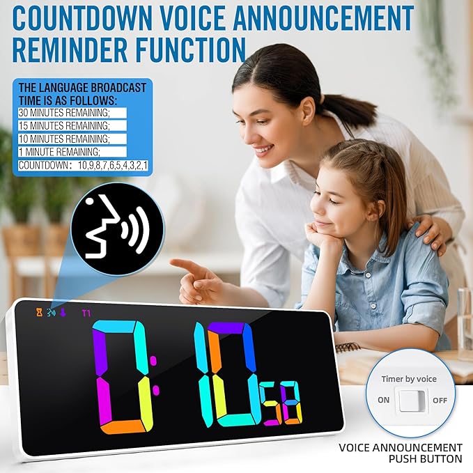 KMMKGG Large 13.7" LED Digital Timer（5''Nunmber）, 11 Color Changing, Count Up/Down Timer with Remote Control, Adjustable Brightness Wall Clock for Home, Office, Gym, Elderly, Auto DST