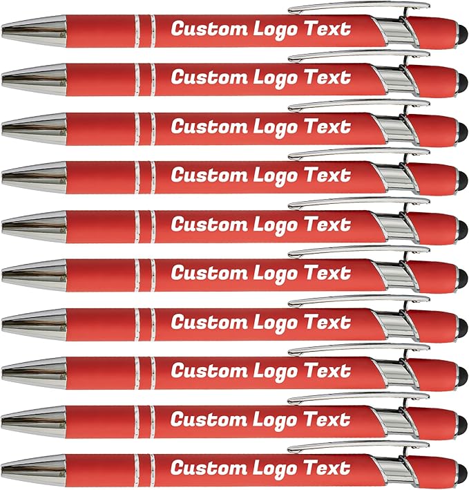 HEYZARDA Personalized Pens with Name Text Logo Custom Ballpoint Pen for Business Office Events with Stylus for Touchscreen 10 Pcs Red