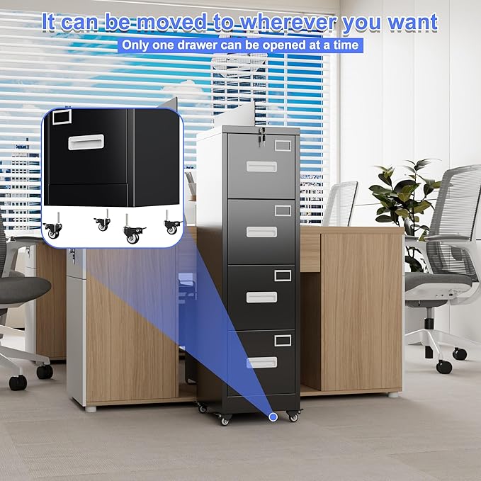 METAN 4 Drawer File Cabinet on Wheels, Lockable Metal Filing Cabinet with Handle and Name Card for Office Home,Assembly Required,Black