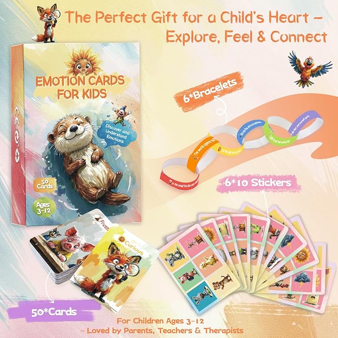 Emotion Cards for Kids – 50 Laminated Feelings & Calm-Down Cards for Classroom & Home, Soft-Touch Waterproof, Ages 3–12, SEL Tools with 60 Stickers & 6 Bracelets Stocking Stuffers