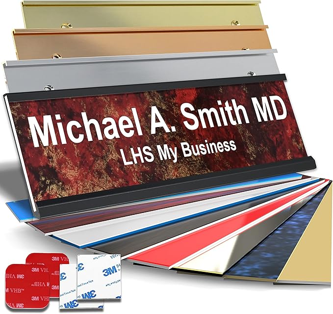 Personalized Name Plate with Choice of Mounting Holders for Walls, Doors, Cubicles, Hanging and More - Custom Gloss Rustico Granite Plastic White Letters - USA Made 2x10 - S2