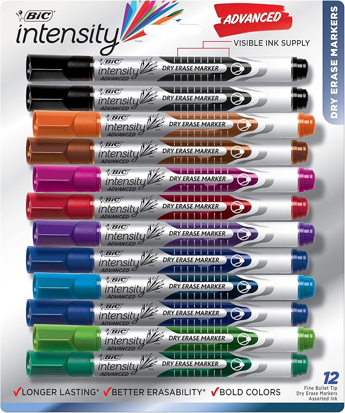BIC Intensity Advanced Colorful Dry Erase Markers, Bullet Tip, 12-Count Pack of Assorted Colors, Whiteboard Markers for Teachers and Office Supplies