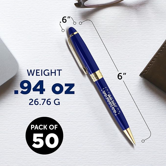 DISCOUNT PROMOS 50 Ultra Executive Pens Pack - Customizable Text, Logo - Twist To Write, Gold Accent - Blue