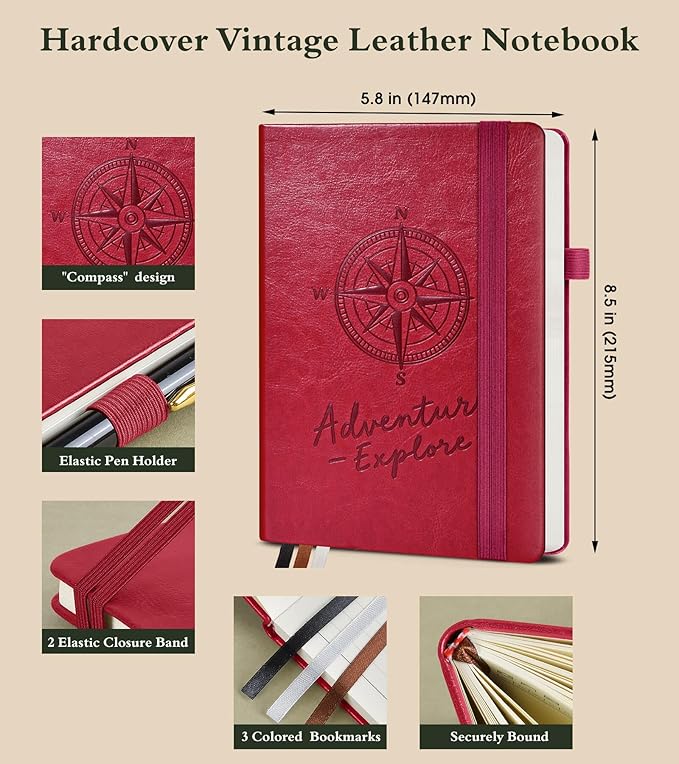 PAIBAS Graph Notebook for Women Men, 160 Pages Grid Paper, Graphing Notebooks for School, Work, Quad Ruled, Inner Pocket, A5 Hardcover Vintage Leather Journals for Writing, 5.8"x8.5" (Burgundy)