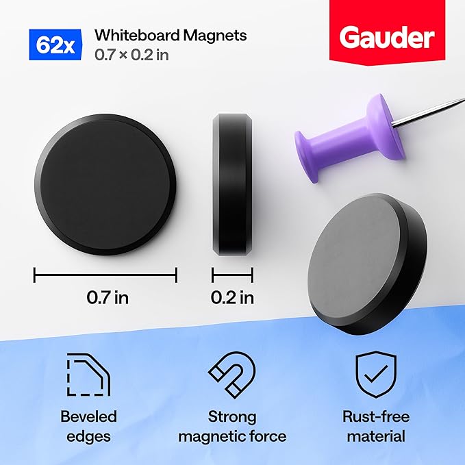 GAUDER Magnets for Whiteboard, Fridge & Bulletin Board - Strong Round Magnetic Discs - Black Magnets for Crafts (62 Pieces - 0.7" x 0.2")