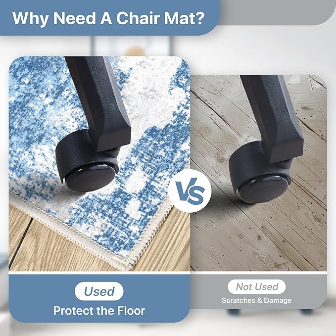 Office Chair Mat for Hardwood Tile Floor, Abstract 48"X 60" Desk Mats for Office Chair on Rolling Chairs Carpet, Desk Anti-Slip 1/5" Thick Rug for Computer Chair, Thin Low-Pile Floor Mat, Blue Cream