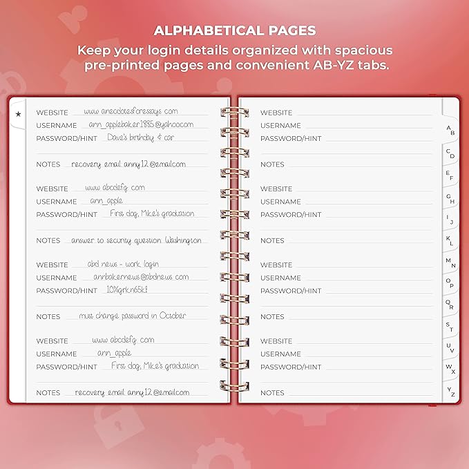 Clever Fox Password Book Spiral – Internet Address & Password Organizer with Laminated Alphabetical Tabs – Password Keeper Journal – Hardcover, Medium Size, 6.1x7.7” (Red)