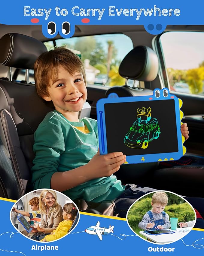 Kikapabi LCD Writing Tablet for Kids, 12 inch Dinosaur Doodle Board Toys Gifts for Boys Girls Age 3 4 5 6 7 Year Old, Mess-Free Drawing Pad Portable Learning Travel Toy Birthday Christmas Gift Blue