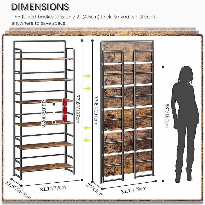 4NM No Assembly Extra Wide 6 Tiers Folding Bookshelf Storage Shelves Vintage Bookcase Standing Racks Study Organizer Home Office (Rustic Brown Black)