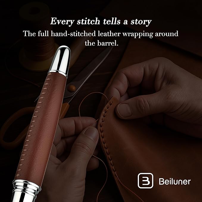 BEILUNER 318 Luxury Personalized Leather Pen, Hand-Stitched Premium Leather, Chrome-Plated Finish, Schmidt Refill, Fancy Rollerball Pen Gift Set for Men & Women, Executive Writing, Nice Designer pen