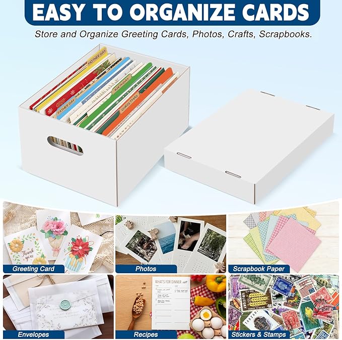 4Pack Greeting Card Storage Box, Greeting Card Organizer Box with 20 Dividers Holds 600 Cards+, Large Capacity Greeting Card Holder with 4 Sticker Labels White Card Box for Postcards, Photos, Envelope