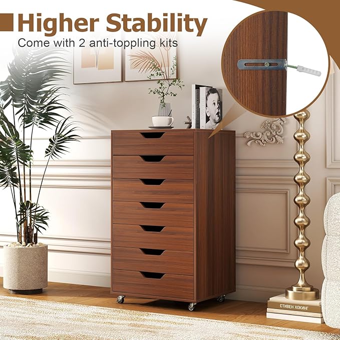 Giantex 7-Drawer Storage Cabinet, Mobile File Organizer with 4 Universal Casters, Wooden Vertical Filing Cabinet on Lockable Wheels for Office, Study, Living Room (19” x 15.5” x 34.5”,Walnut)