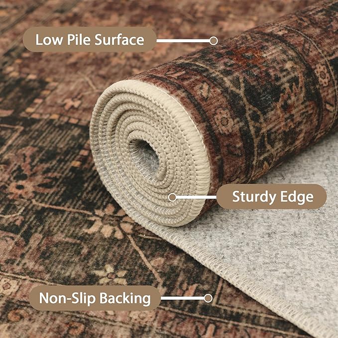 GENIMO 2'6"x6 Runner Rugs for Hallway, Machine Washable Non Slip Vintage Rugs, Low Pile Lightweight Soft Print Rug for enrtyway, Corridor, Home, Office, Kitchen, Charcoal Brown