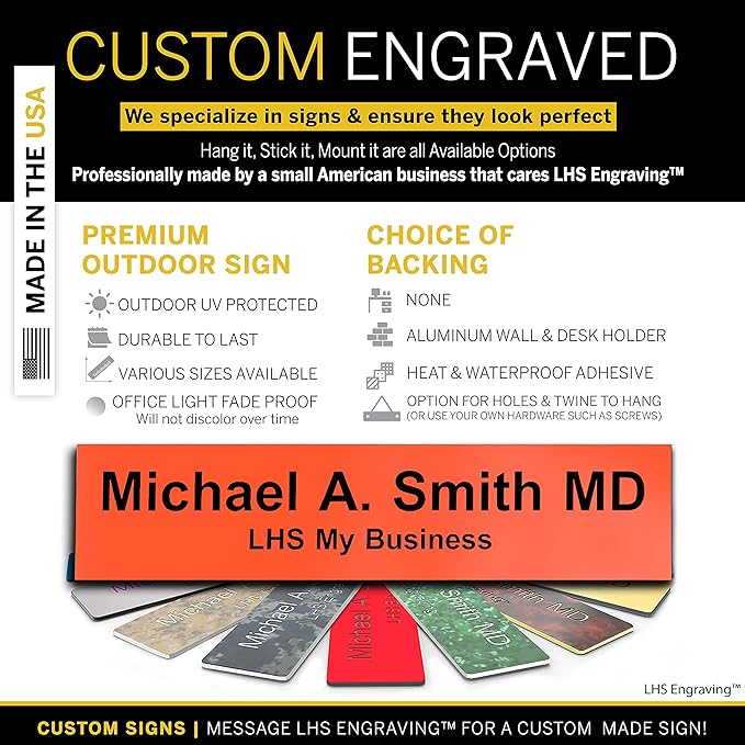 Engraved Door Signs for Office Personalized Orange Plastic Door Plaque Black Letters - Made in USA 2x6 B11