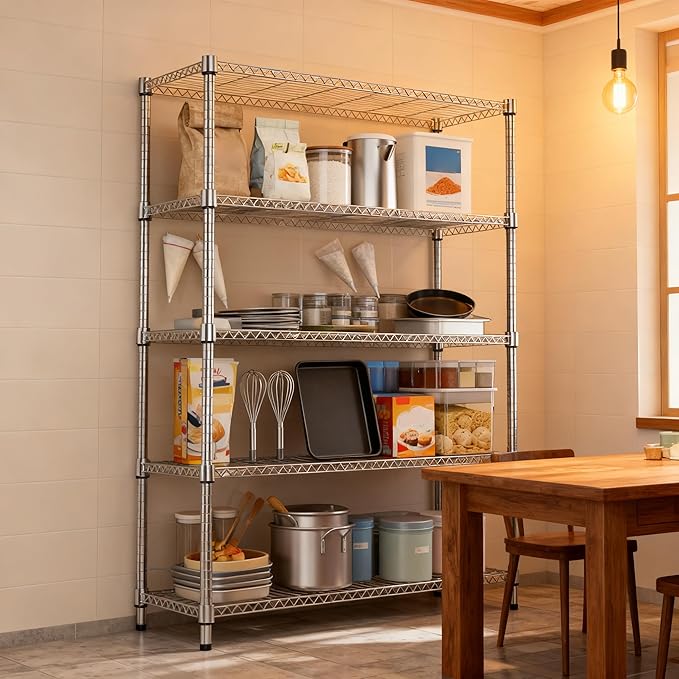 M MZG 5 Tiers Shelf 1750 lbs Steel Storage Shelving Utility Shelving Unit Steel Organizer Wire Rack for Home,Kitchen,Office,Garage Chrome 17.7" D x 47.2" W x 72.4" H