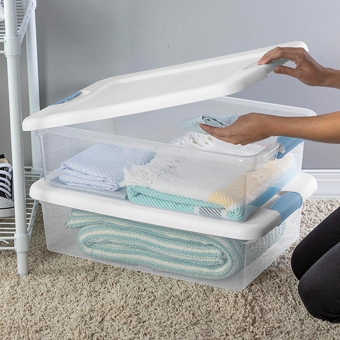 Sterilite 24-Pack Latching Box, Under Bed Storage Bins with Lids, Clear Plastic, 32 Quart - Heavy-Duty Organizing Containers for Closet, Bathroom, and Office