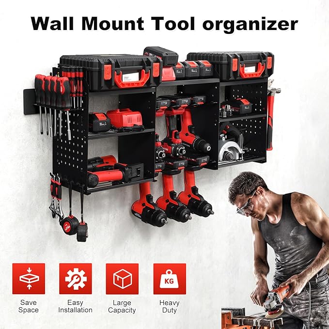 ERVNYNT 3 layers power tool organizer Loads 150lbs with 6 Cordless Drill Holder and 6 Outlet Power Strip,it’s good choice for husband birthday gift,black