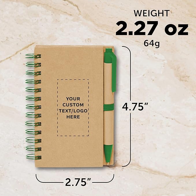 Custom Mini Spiral Notebooks with Black Ink Pens Set of 10/50/100, Personalized Bulk Pack - Perfect for School, Office, Business, Home - Green