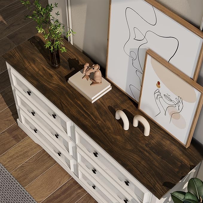 VVFLU Farmhouse 6 Drawer Dresser for Bedroom, 54" Wide Wood Dresser with Natural Texture, Rustic Chest of Drawers for Bedroom with Vintage Metal Hands, for Living Room, Hallway, Antique White