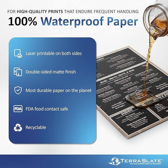 TerraSlate Waterproof Paper, 5 MIL 8.5” x 11”, Laser Printer & Copy Machine Compatible, Durable & Rain/Weather-Proof Copy Paper, White Paper (50 Sheets)