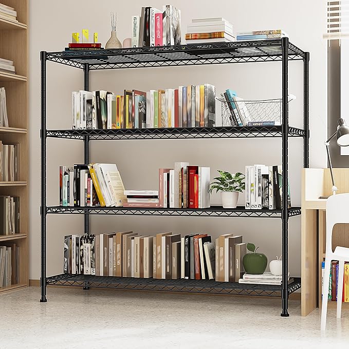 45 "W Metal Shelving Unit 4 Tier Storage Shelves Adjustable Wire Shelving Metal Shelf Pantry Shelves Wire Rack Commercial Shelving for Kitchen Pantry Utility Room Garage 45 "W x 59.4 "Hx 13.5" D Black