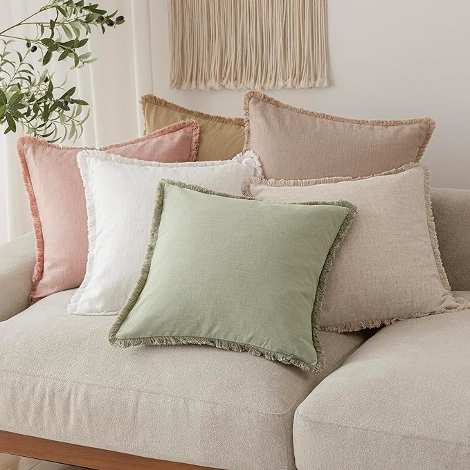 Foindtower Set of 2 Decorative Linen Fringe Throw Pillow Covers Boho Farmhouse Cushion Cover with Tassels Soft Accent Pillowcase for Couch Sofa Bed Living Room Home Decor,18×18 Inch,Light Sage Green