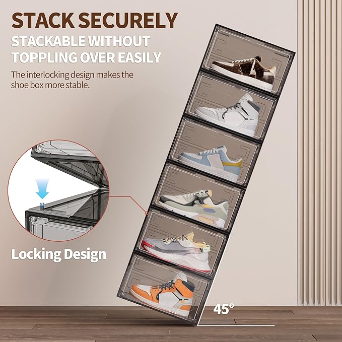 TOFWOF 6 Pack XX Large Shoe Organizer, Heavy-Duty Hard Thicken Plastic Clear Stackable Shoe Storage Box Organizer for Closet, Space-Saving Shoe Rack Display Case Bin Containers for Sneakers, Grey