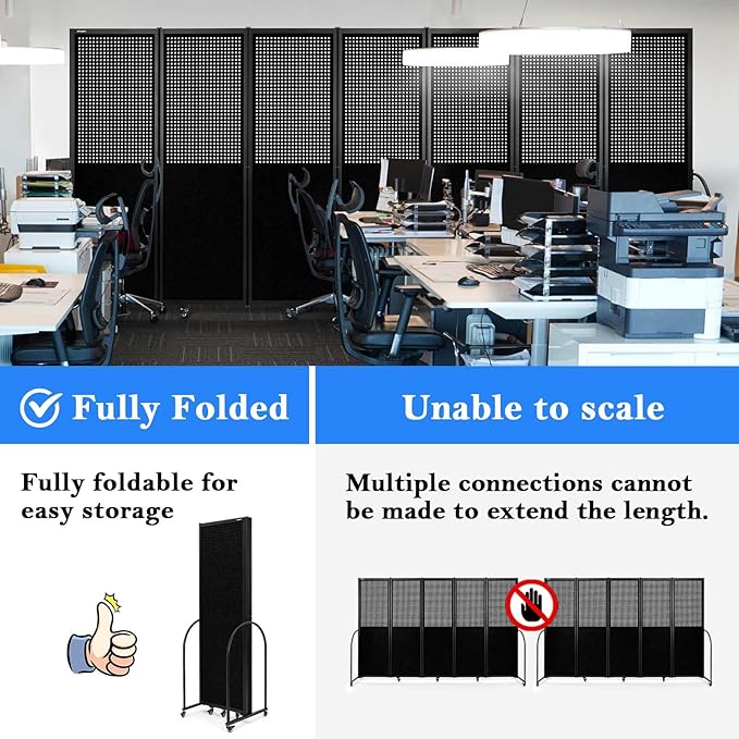 Folding Room Partition,Freestanding Privacy Divider,Portable Office Divider Wall,Commercial Space Partition Screen,Perforated Felt Panel Design,18'5"W x 6'7"H,7 Panel,Black
