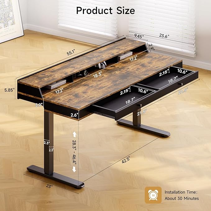 ONBRILL Standing Desk with Drawers, 55x23.6 Electric Stand Up Desk with Storage Shelf and Memory Controller, Sit Stand Desk Adjustable Height from 28-46" for Computer Workstation, Rustic Brown