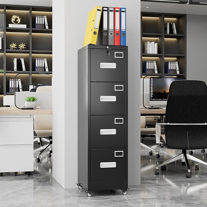 METAN 4 Drawer File Cabinet on Wheels, Lockable Metal Filing Cabinet with Handle and Name Card for Office Home,Assembly Required,Black