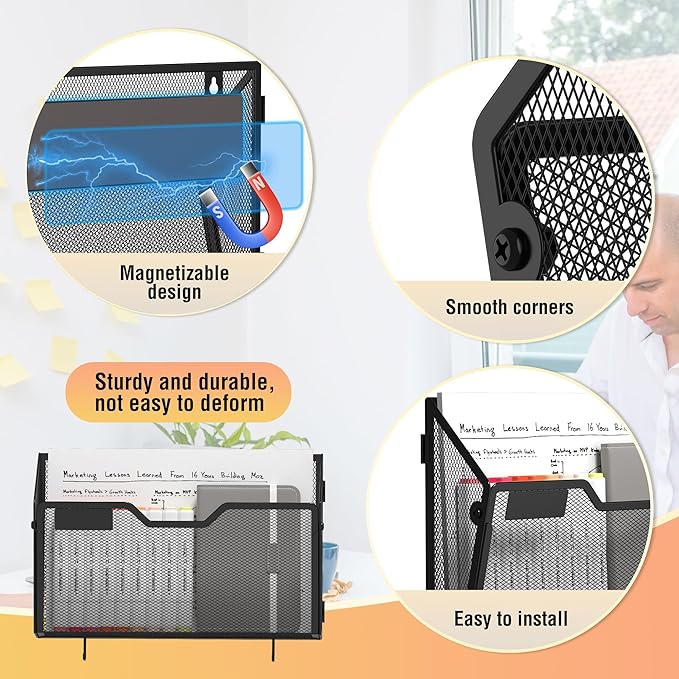 Docnest 3 Pack Magnetic Wall Mounted File Holders,Mesh Letter Organizer with Hooks, Magnetic Hanging Mail Paper Document Organizer for Office, Home, School, Black
