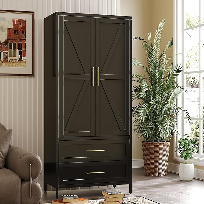 SUPEER Metal Wardrobe Cabinet with 2 Drawer and Hanging Rod, 70.9" H Metal Armoire Wardrobe Closet with Adjustable Shelf for Bedroom, Laundry Room, Home,Office,Installation Required,Black