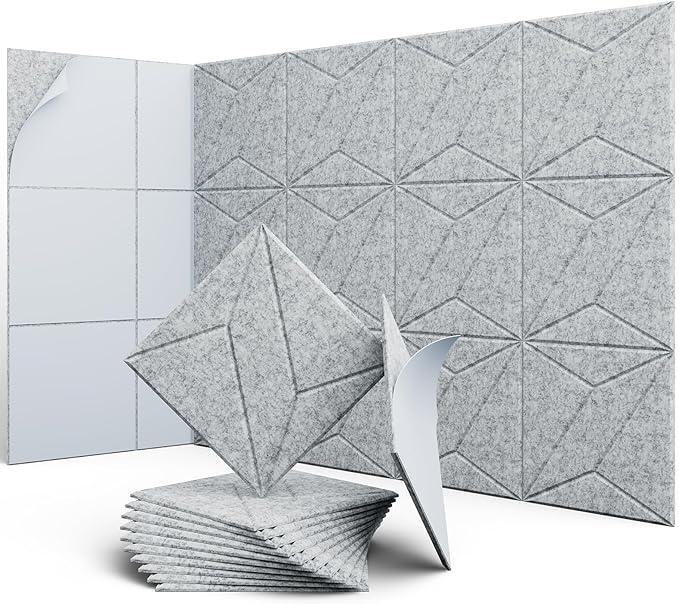 UNECHO 12 Pack 12" X 12" X 0.4" Acoustic Panels for Wall Sound Absorbing, P-Stripes Square Self-Adhesive Sound Panels, High Density Suitable for Multiple Scenarios(Silver Gray)