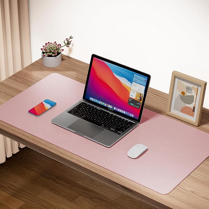 Boutilon Leather Desk Pad Protector,Non-Slip Mouse Pad,Laptop Desk Pad,Office Mouse Mat,Waterproof Leather Desk Blotter,Desk Writing Pad for Office and Home (XXL-Pink,47.2"x 17")
