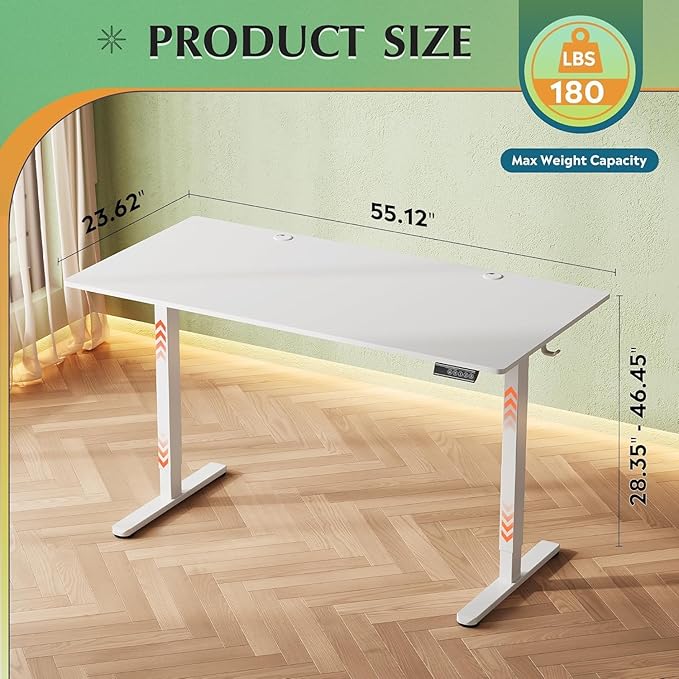 DEVAISE 55 x 28 Inch Electric Standing Desk, One-Piece Desktop Seamless Adjustable Height Table, Sit to Stand Desk with Adjustable Height, 3 Preset Memory Sit Stand up Desk for Home, Office (White)