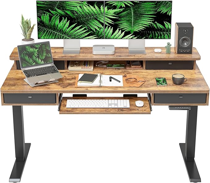 FEZIBO 55'' x 24" Height Adjustable Electric Standing Desk with 4 Drawers and Keyboard Tray, Home Office Table for Work, Study, Gaming, Writing, Rustic Brown