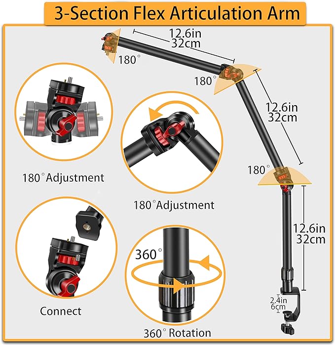 DImotliyor Overhead Camera Mount Desk Stand, 3-Section Flexible Detachable Articulating Arm with 1/4“ 3/8" 5/8" Screw&360° Ball Head, C-clamp Tabletop Mount for DSLR Camera/Webcam/Microphone/Lights