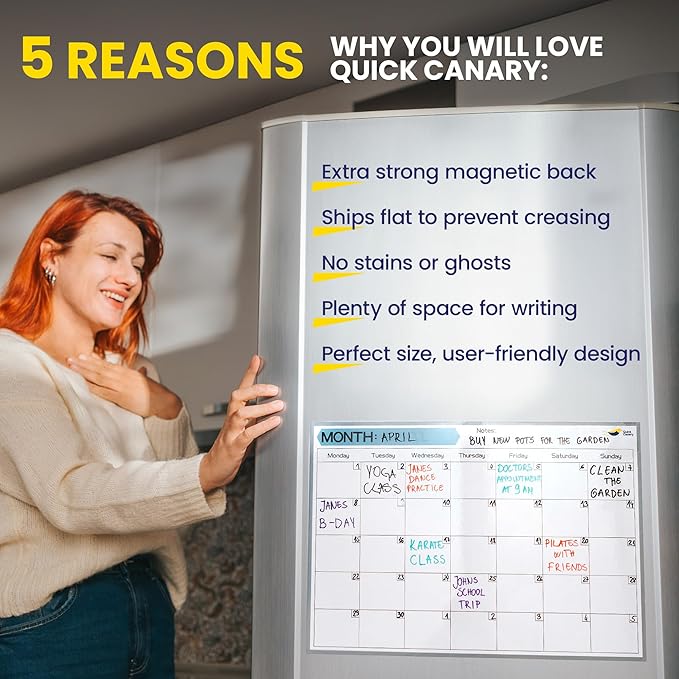 Monthly Magnetic Calendar for Refrigerator - 17x12” Stain-Resistant Dry Erase Fridge Calendar Whiteboard with Large Writing Space for Schedules, Chores & Meals - With 4 Markers & Eraser - Monday Start