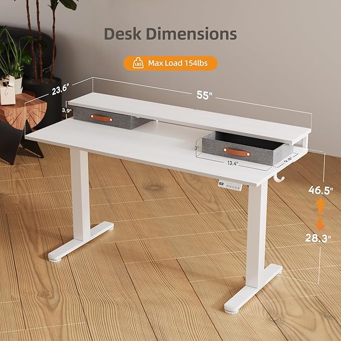 Claiks Electric Standing Desk with 2 Drawers, Adjustable Standing Desks with Storage, Height Adjustable Stand up Desk for Home Office with 2 Hooks,55 Inch White
