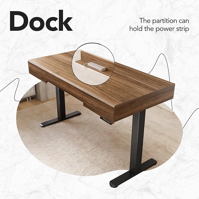 HUANUO 48 Inch Standing Desk with Drawers, Electric Adjustable Height Stand Up Desk with Storage, Whole-Piece Board Computer Workstation for Home Office, Black Walnut