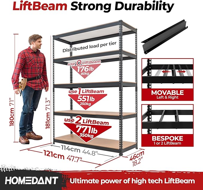 HOMEDANT 5 Tier Storage Shelves Adjustable Laminated Boltless Garage Metal Shelving Unit Heavy Duty Utility Rack Shelf Warehouse Pantry Closet Kitchen (2, (L) 48.1" W, Black)